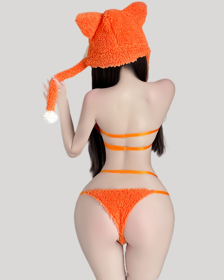Back view of fuzzy fox costume set with tail-like detail