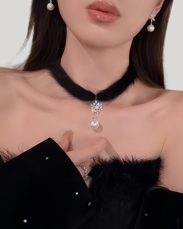Black fuzzy choker with pearl and snowflake pendant