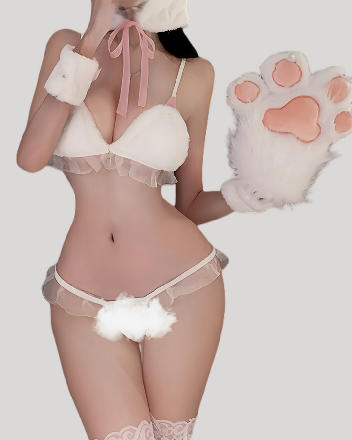 Hop into playful allure with our Fuzzy White Bunny Ear Lingerie Set: plush faux-fur cups, ruffled trim, and matching ears for a whimsical, irresistible look.