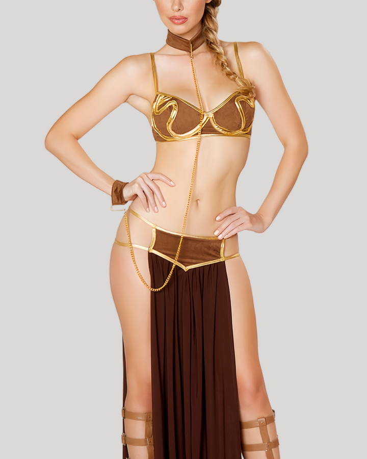 Model wearing gold-trimmed brown cosplay set with long slit skirt, white background