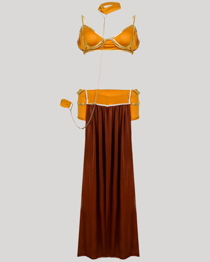 Flat lay of full cosplay outfit with top, skirt, collar, wristband, and chain