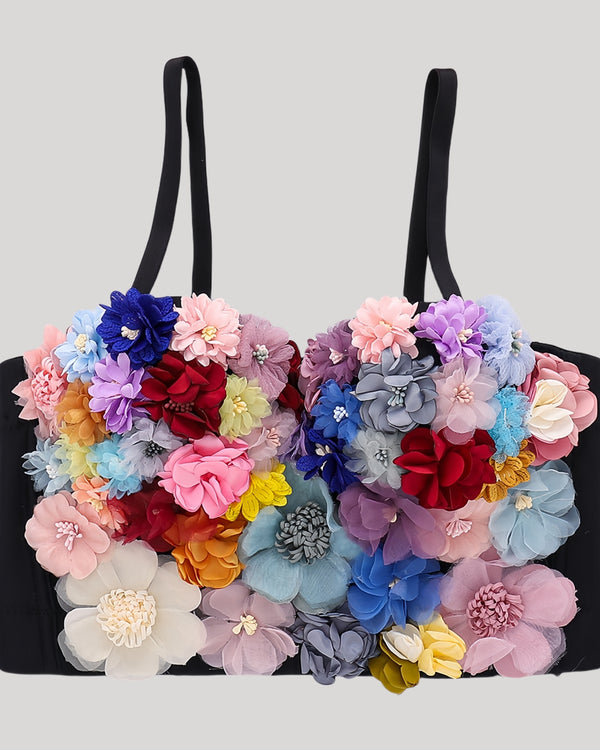 Black corset top with hand-stitched 3D multicolor floral embellishments