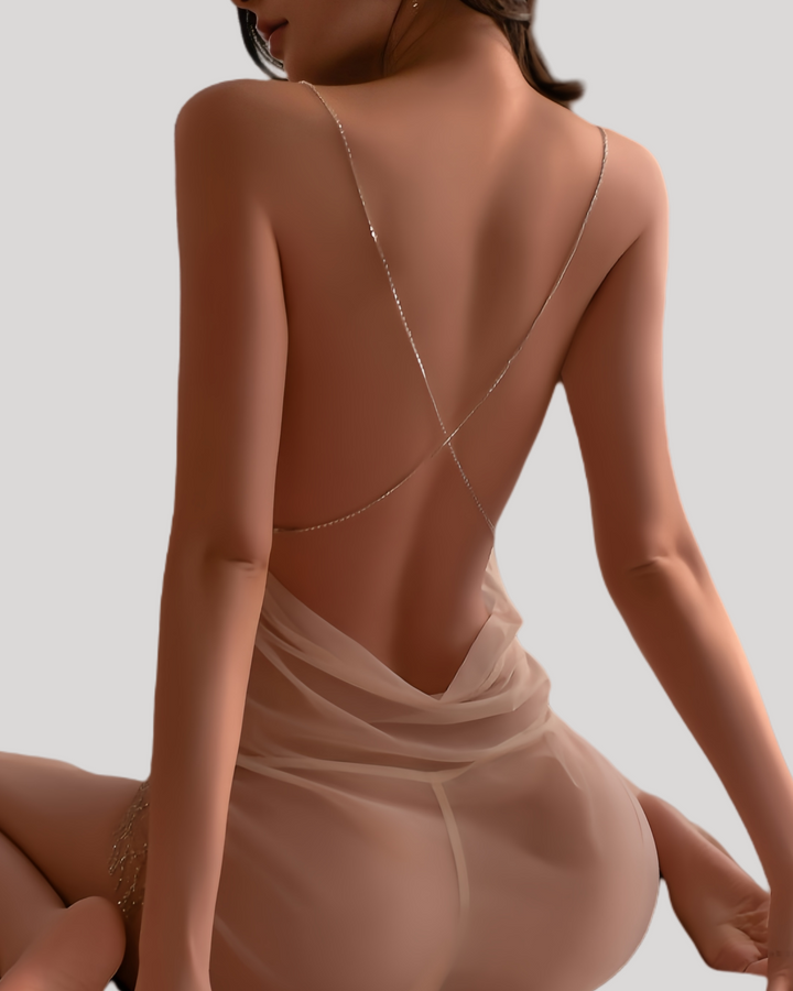 Backless crisscross strap design of golden shimmer chemise