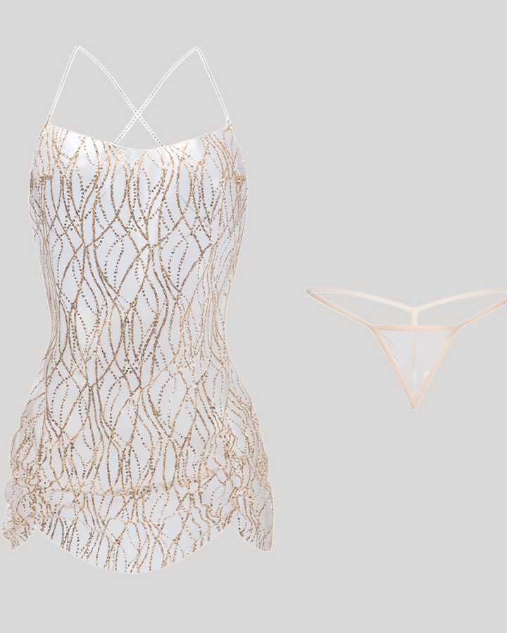 Golden shimmer chemise and matching thong flat lay