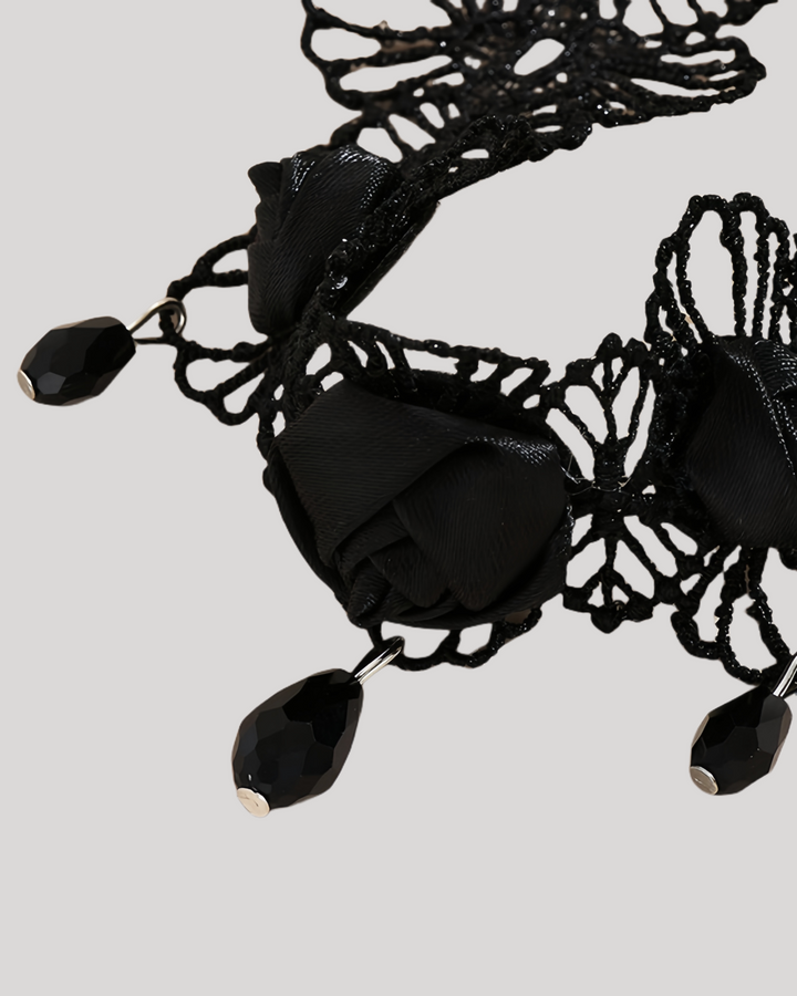 Laid-flat view of lace floral anklet with clasp chain