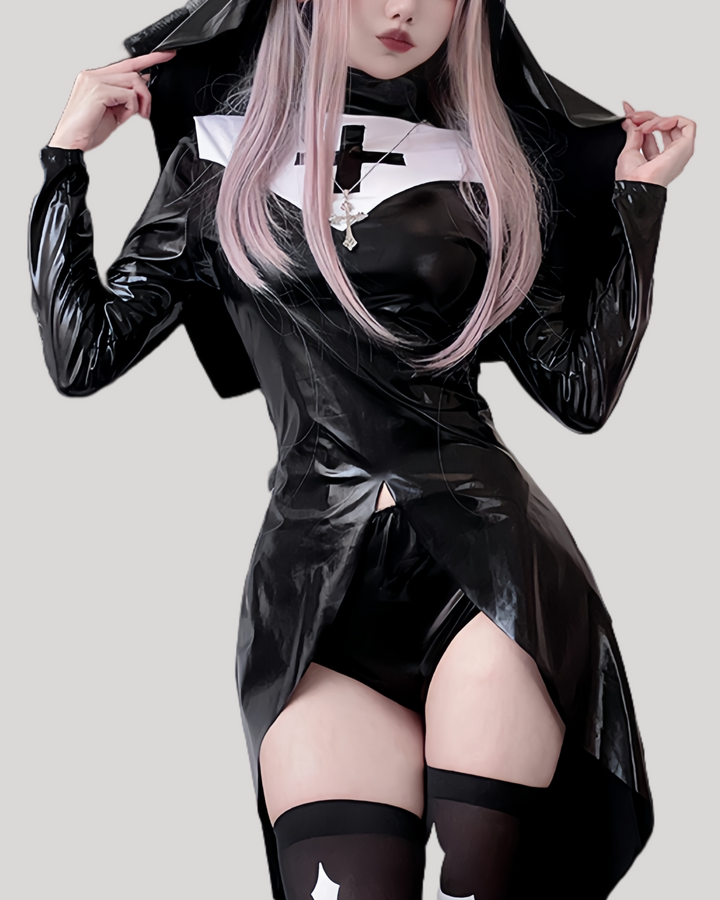 Model in black faux leather gothic nun costume with white cross details