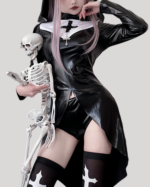 Model in black faux leather gothic nun costume with white cross details