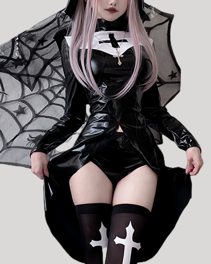 Model in black faux leather gothic nun costume with white cross details