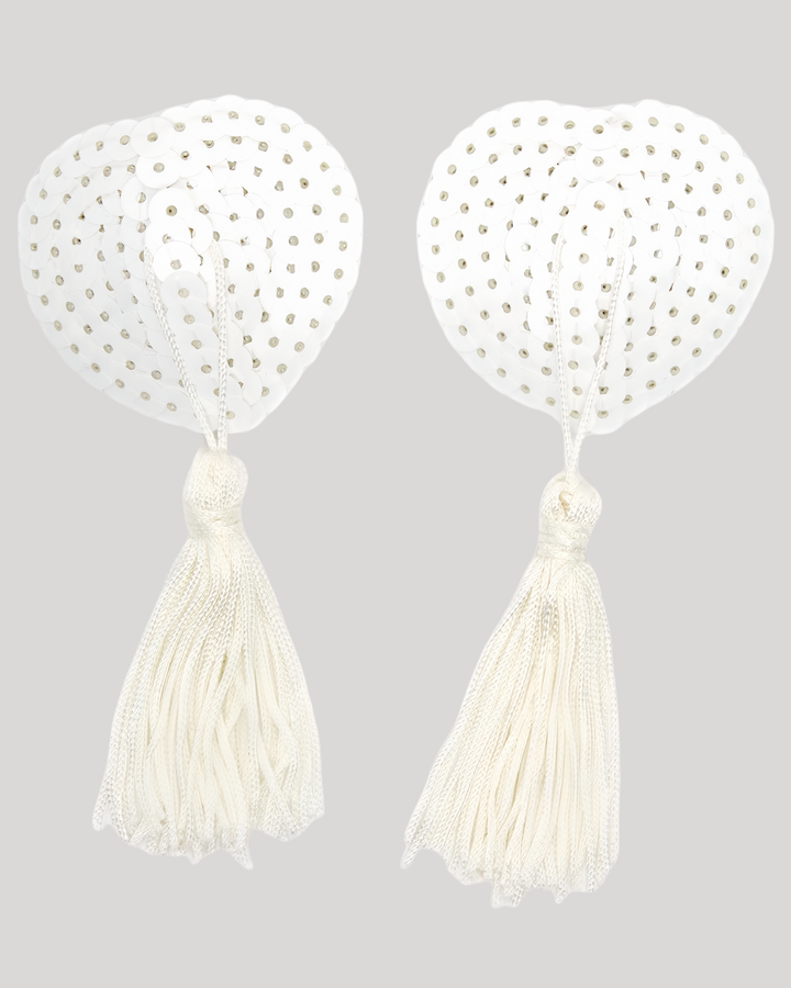 White heart sequin pasties with tassels