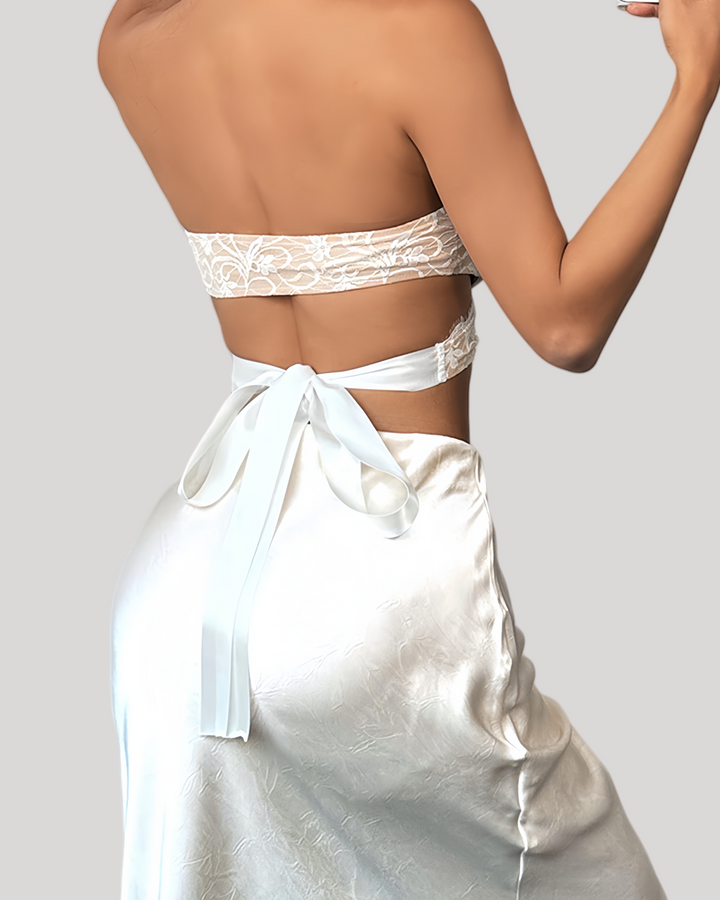 Back view of bustier showing tied satin bow and open back