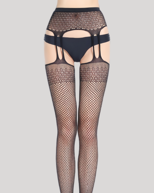 Model wearing black high-waisted fishnet suspender tights