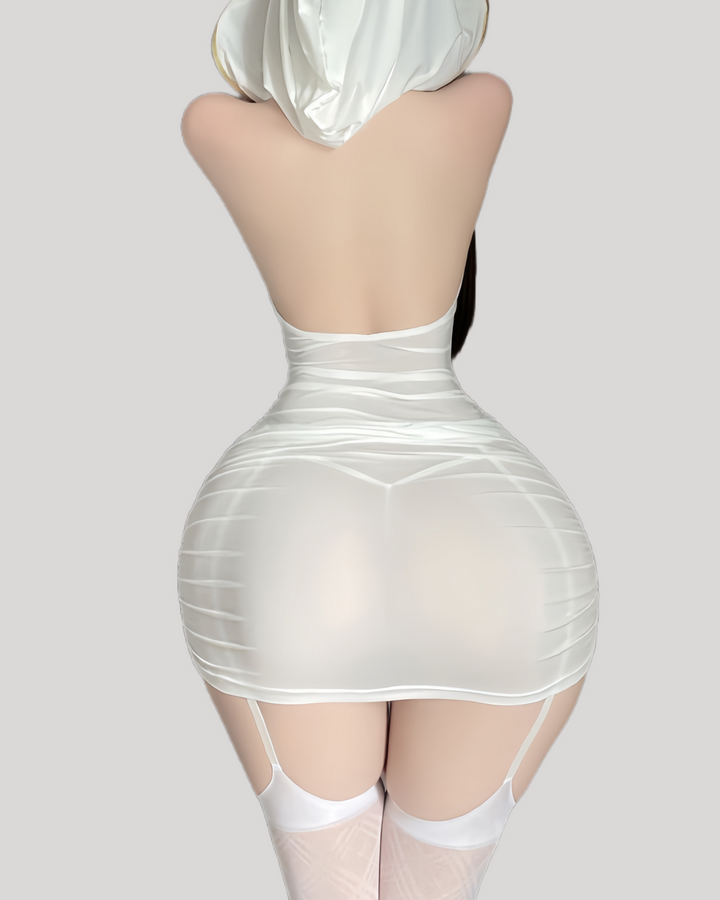back view of hooded white lingerie mini dress with garter straps
