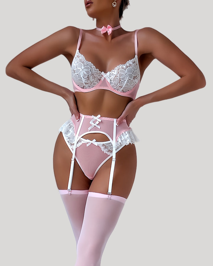 Front view of lace nurse fantasy lingerie set in pink and white