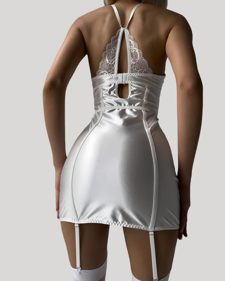 Back view of white satin babydoll with halter lace detailing