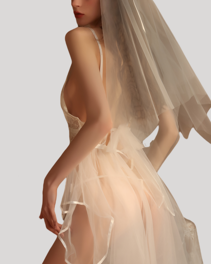 White lace bridal babydoll lingerie with matching veil
