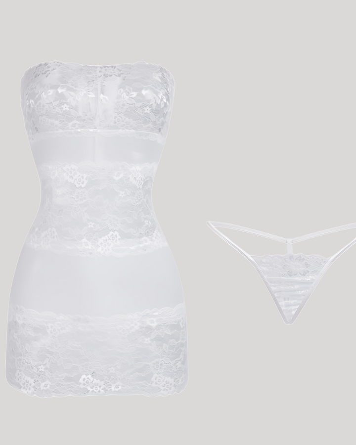 Product flat lay of lace tube dress with matching thong