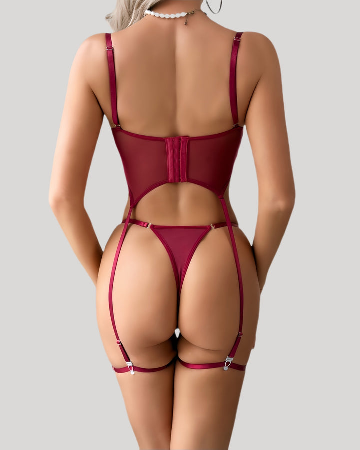 Burgundy lace back view with garter and thong details