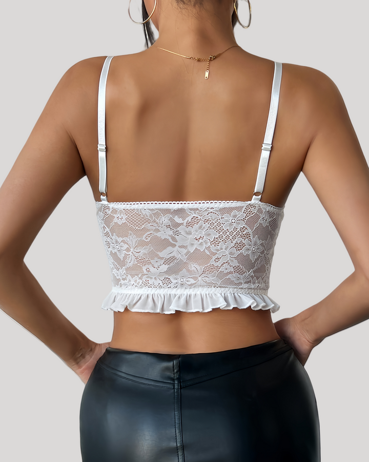 Back view of sheer lace bustier with elastic fit
