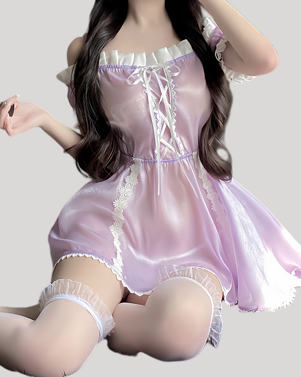 Off-shoulder lavender dress with lace-up detail and matching panties