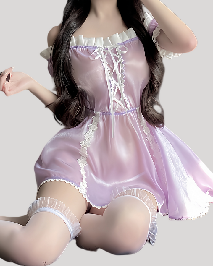 Off-shoulder lavender dress with lace-up detail and matching panties