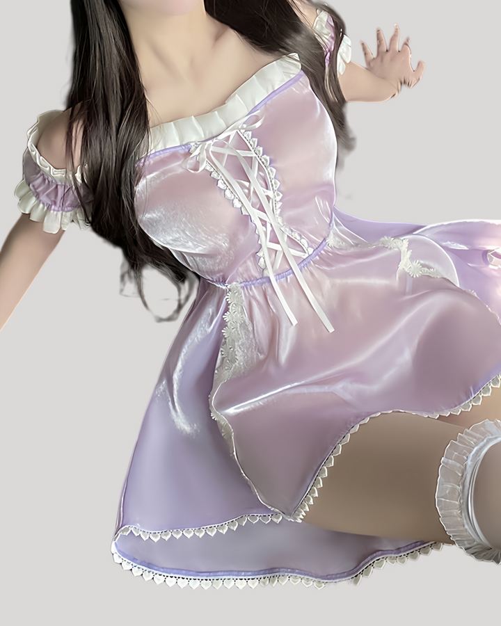 Off-shoulder lavender dress with lace-up detail and matching panties