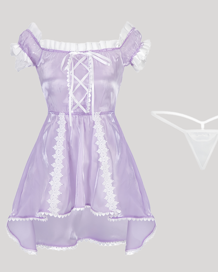 Product flat lay of lavender lace-up dress with matching thong