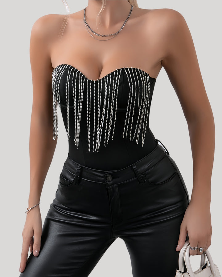Front view of black strapless bodysuit with rhinestone fringe