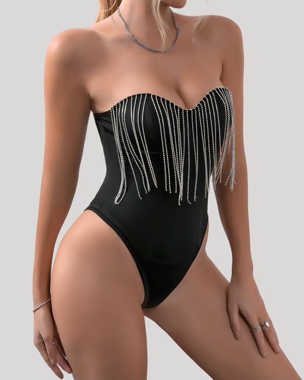 Front view of black strapless bodysuit with rhinestone fringe