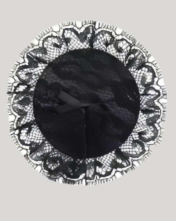 Black lace nipple covers with ruffle trim and satin bow
