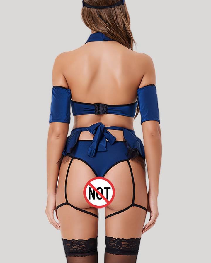 Back view of police lingerie costume featuring open back and bow tie