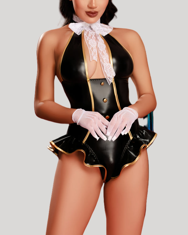 Model in black and gold flight attendant bodysuit with lace bow and hat, front view