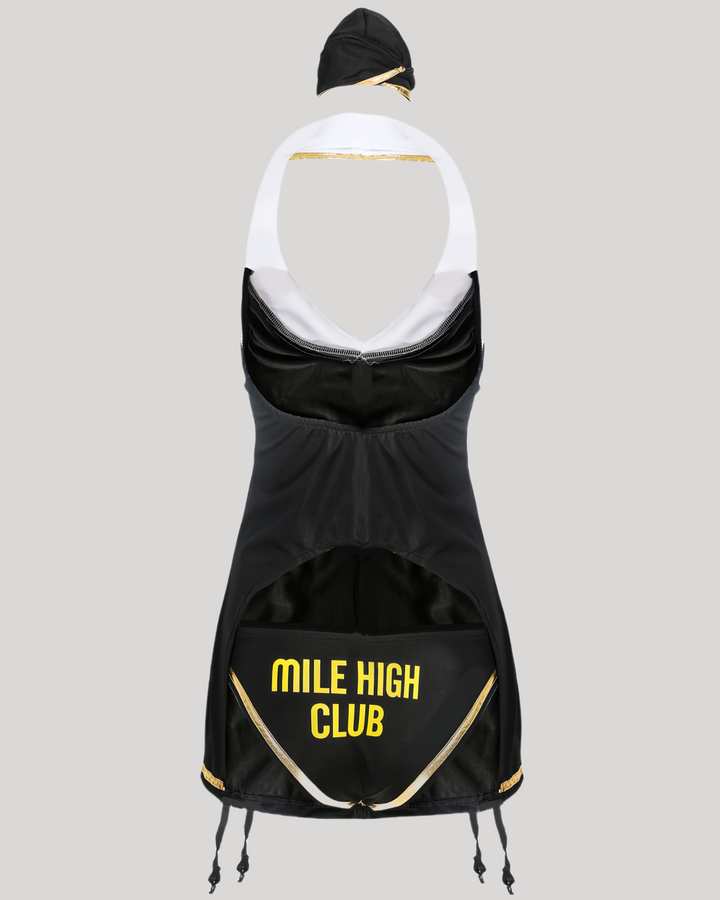Back view of costume with "MILE HIGH CLUB" print