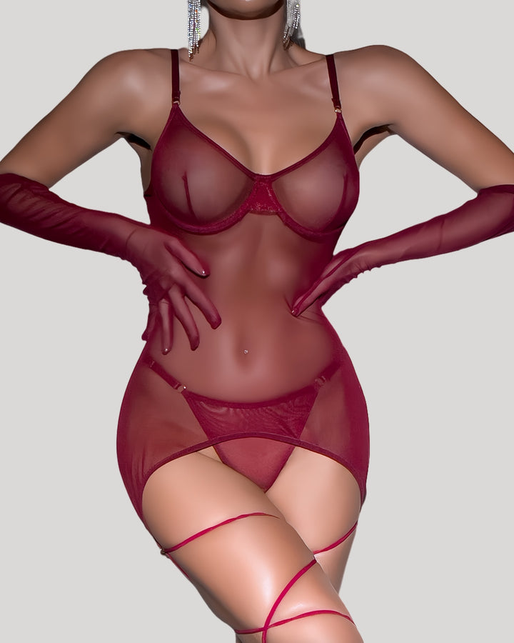Model wearing red sheer backless mesh mini dress and matching gloves
