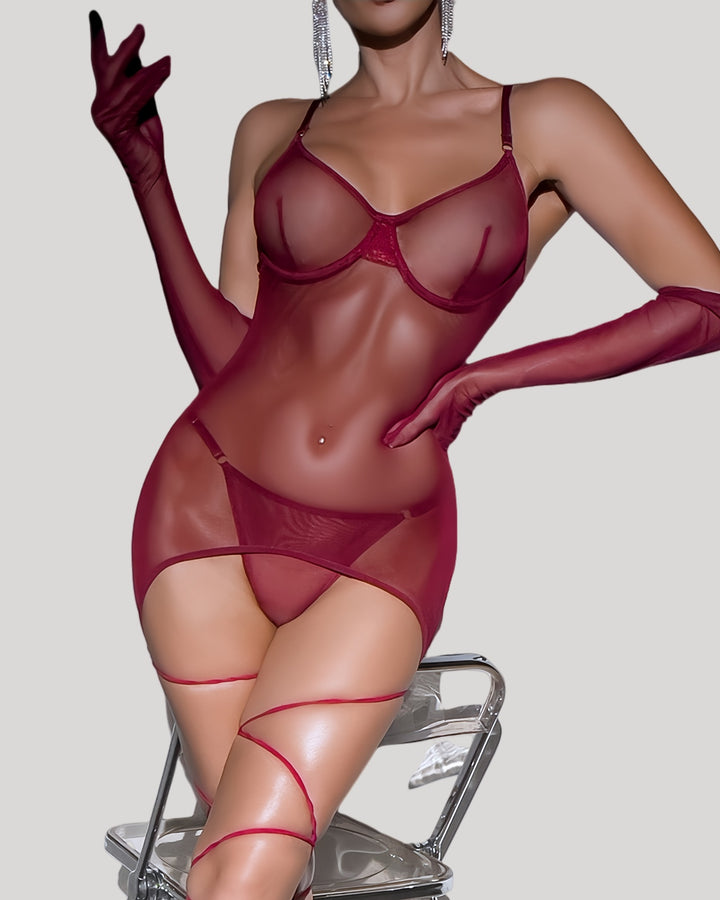 Model wearing red sheer backless mesh mini dress and matching gloves