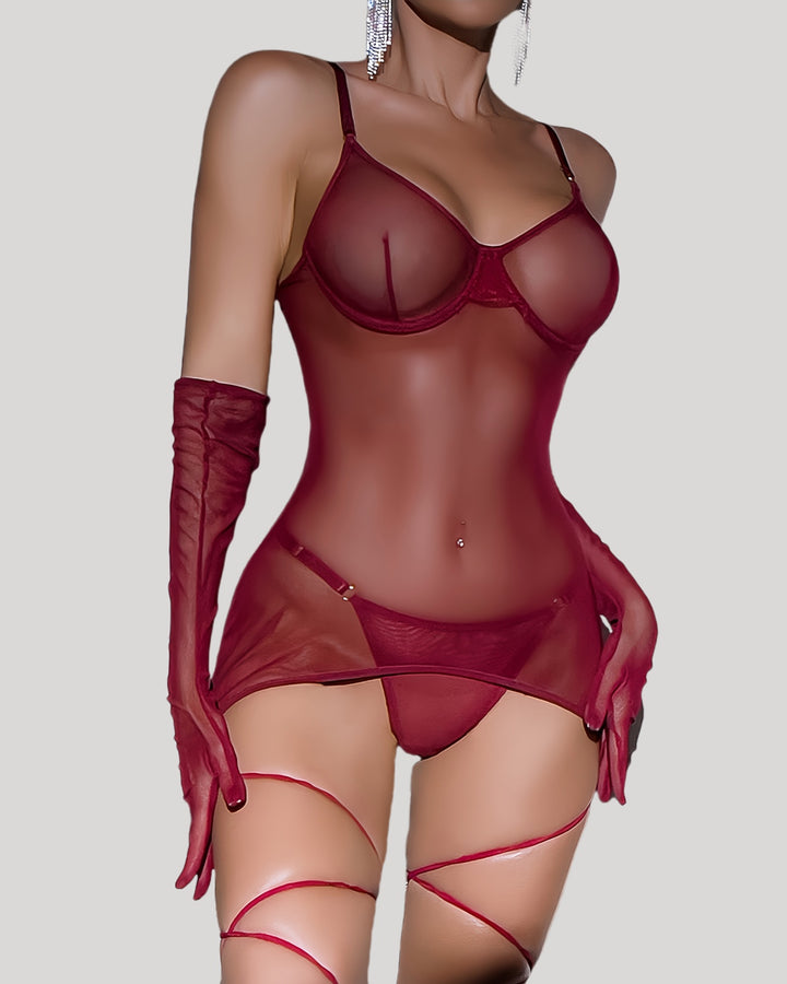 Model wearing red sheer backless mesh mini dress and matching gloves