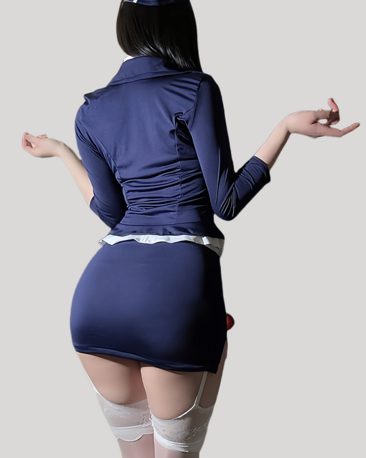 Back view of navy flight attendant costume set showing fitted jacket and mini skirt