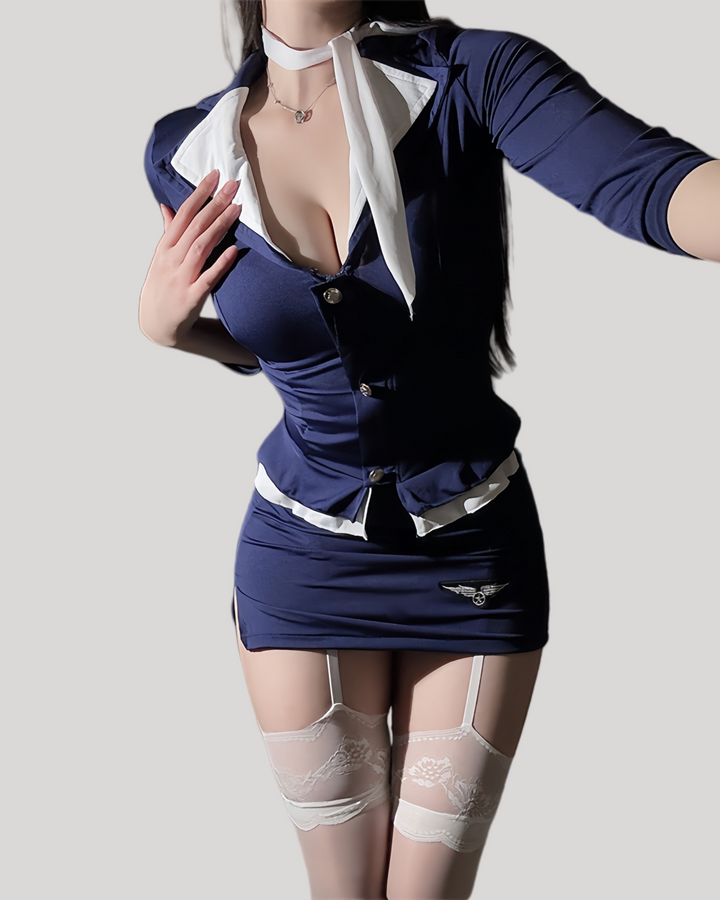 Close-up of flight attendant scarf tie and button-front blazer neckline