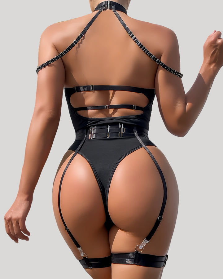 Back view showing strappy details and high-cut leg design
