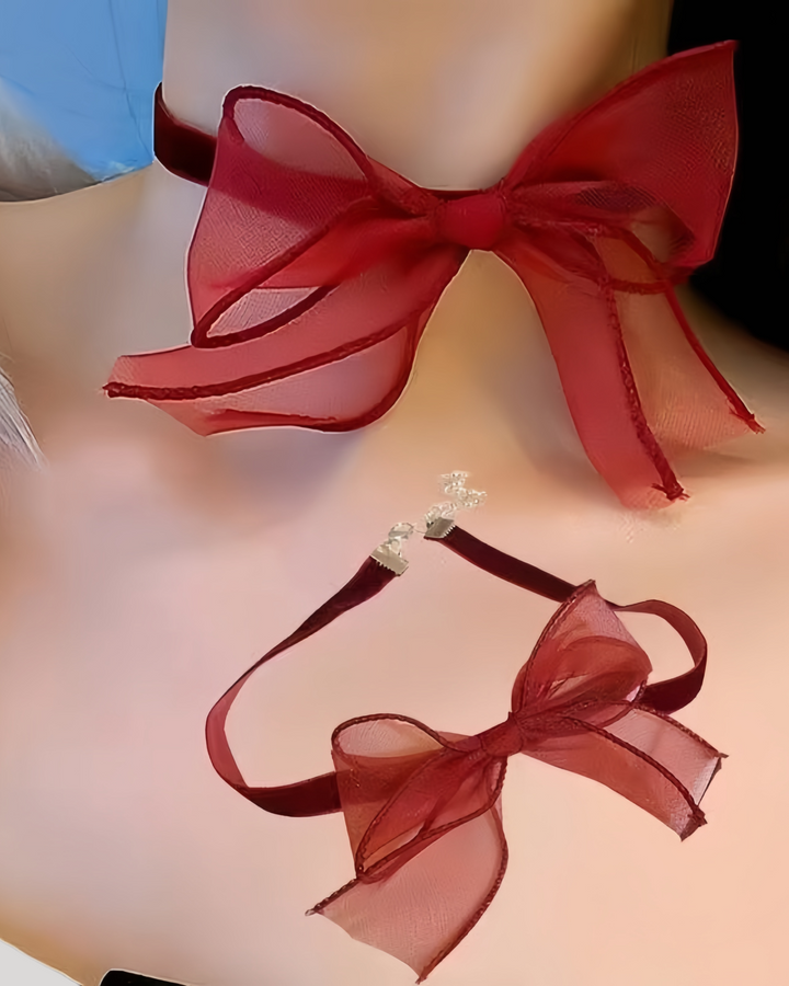 Red sheer bow velvet choker necklace set