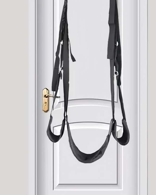 Door swing with black padded faux fur leather seat and straps