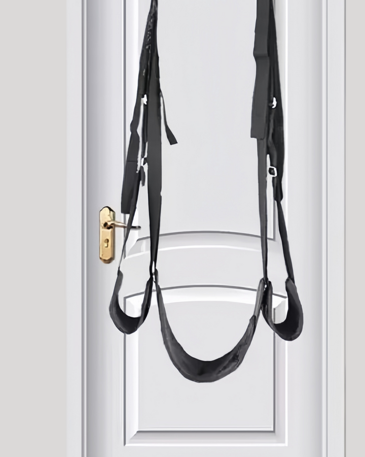 Door swing with black padded faux fur leather seat and straps