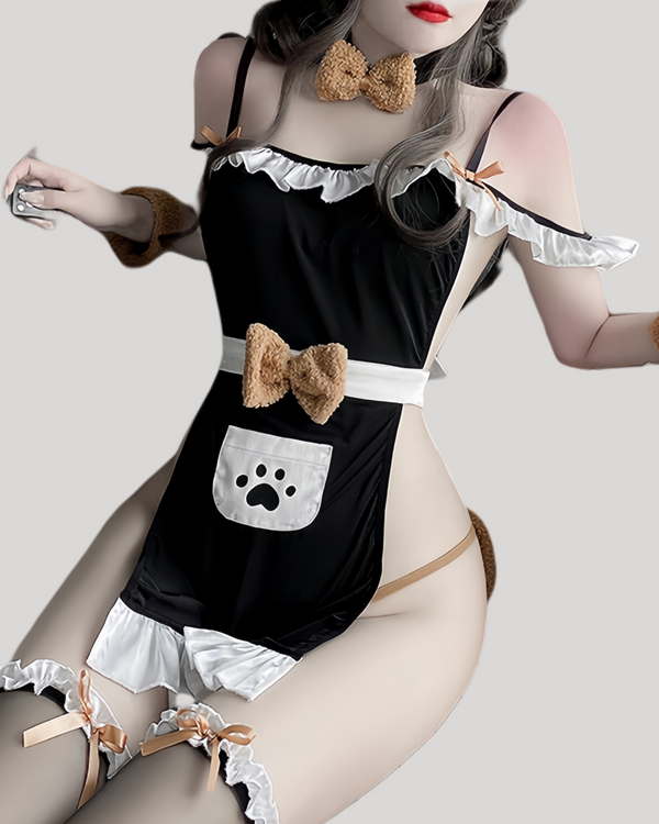 Model wearing lace dog maid costume with paw print apron and bow headband