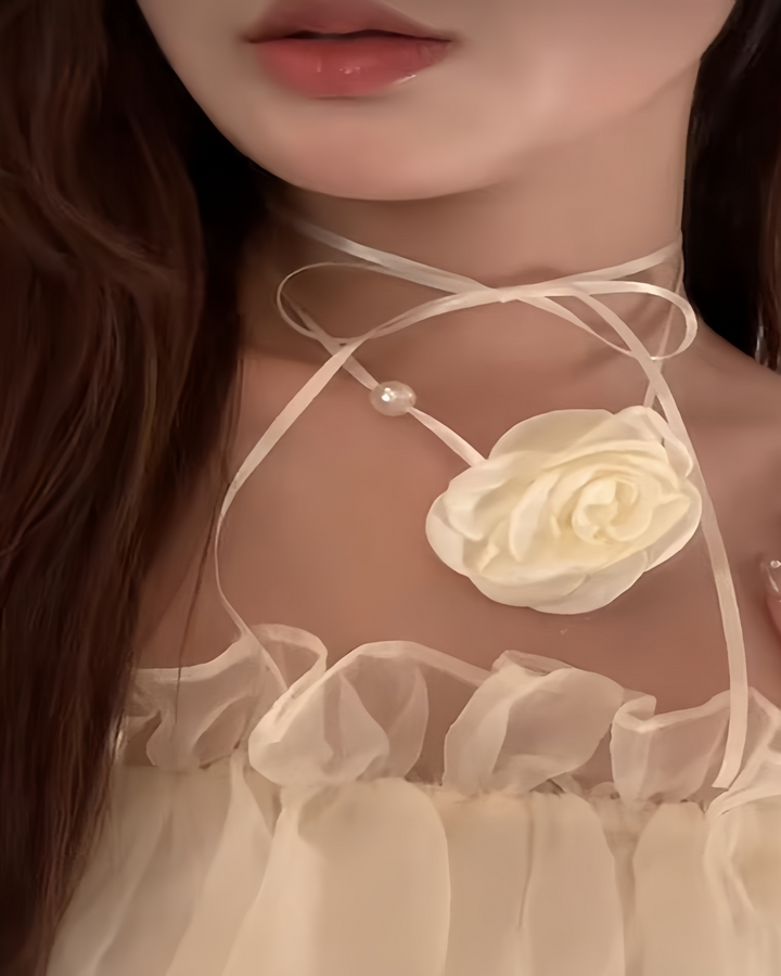 White rose ribbon choker with pearl accent on model