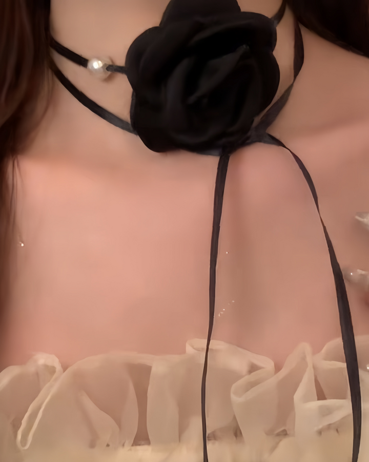 Black rose satin choker with pearl detail on neckline