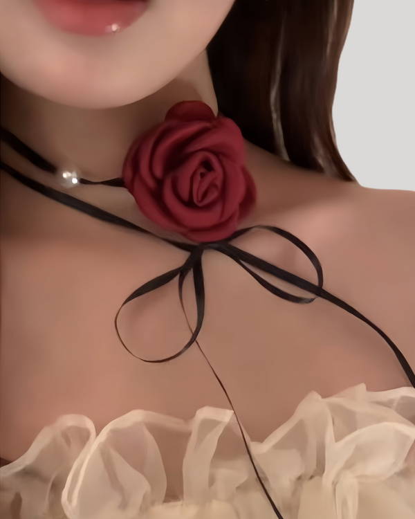 Red rose choker necklace tied with thin black ribbons and pearl