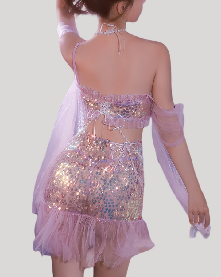 Back view showcasing lace-up design and mesh ruffles