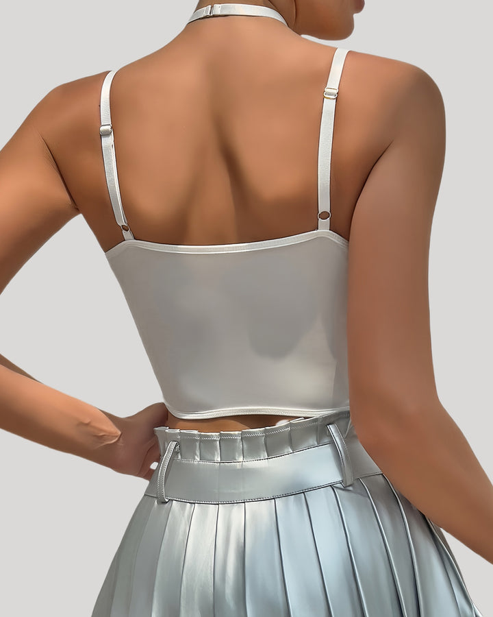 Back view with plain white stretch panel and adjustable straps