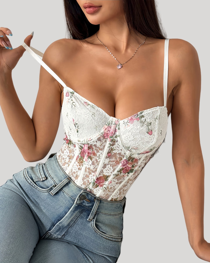 Front view of floral lace sheer bodysuit with molded cups