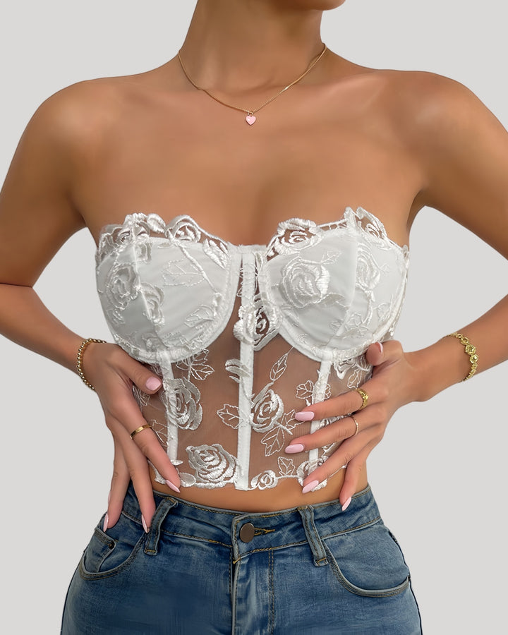 Strapless white embroidered corset top with rose detailing