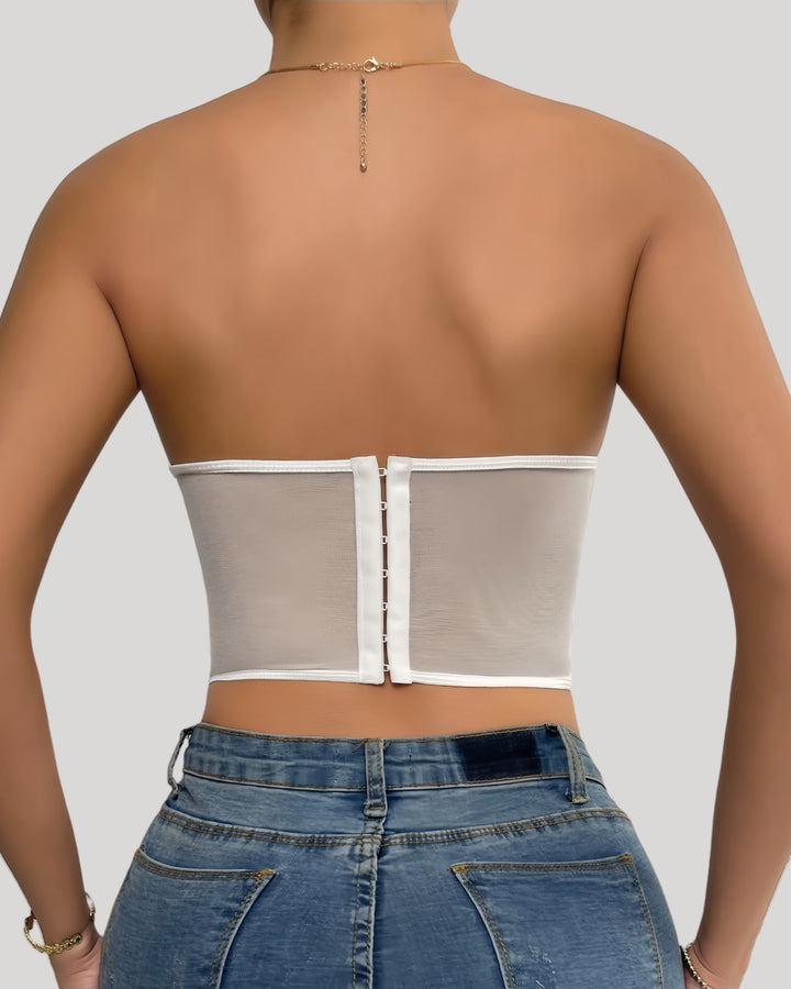 Back view of sheer mesh strapless bustier with hook closure